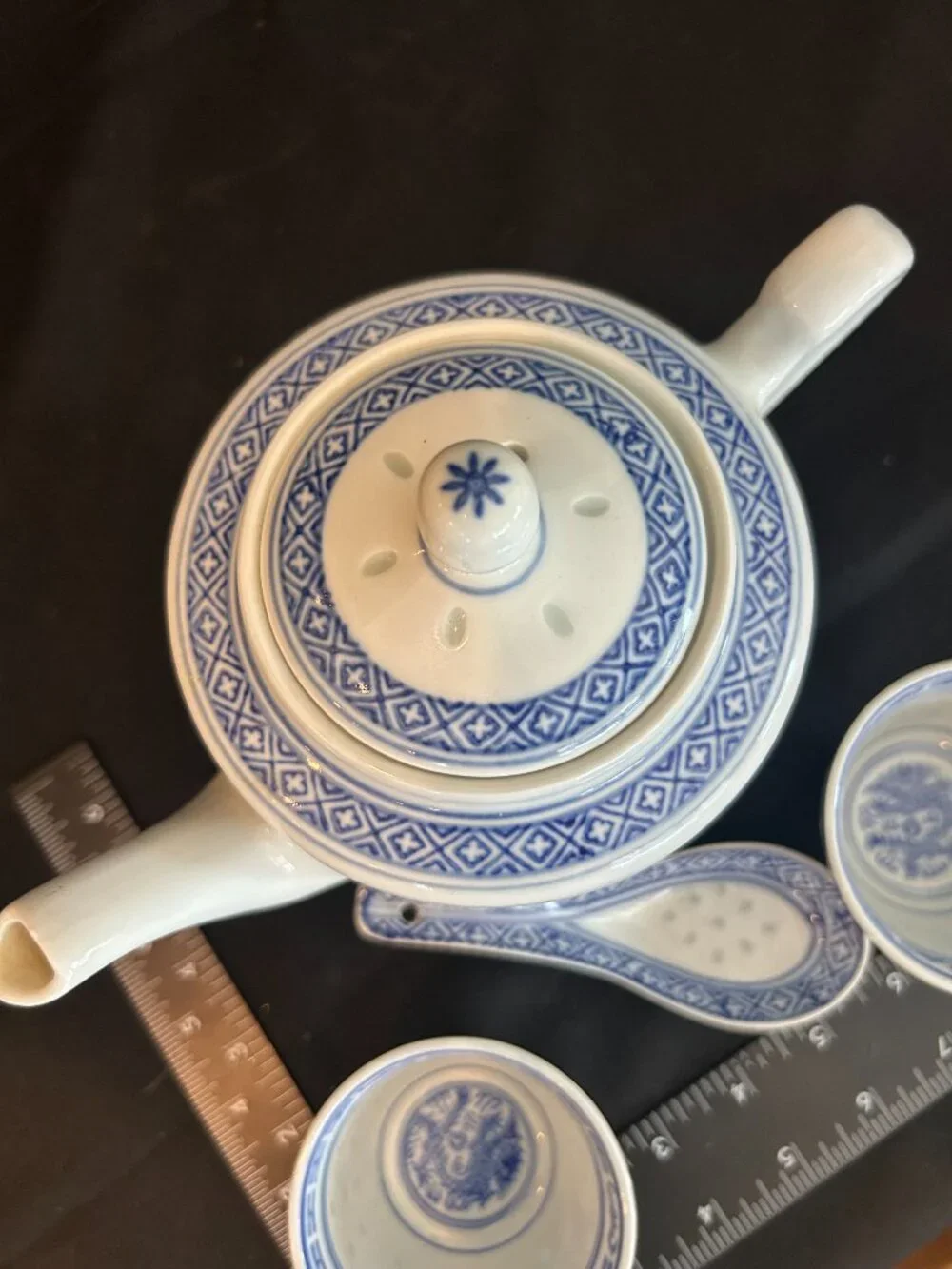 Chinese Rice Grain Porcelain Tea Set - Blue White Teapot 2 Cups Spoon Jingdezhen